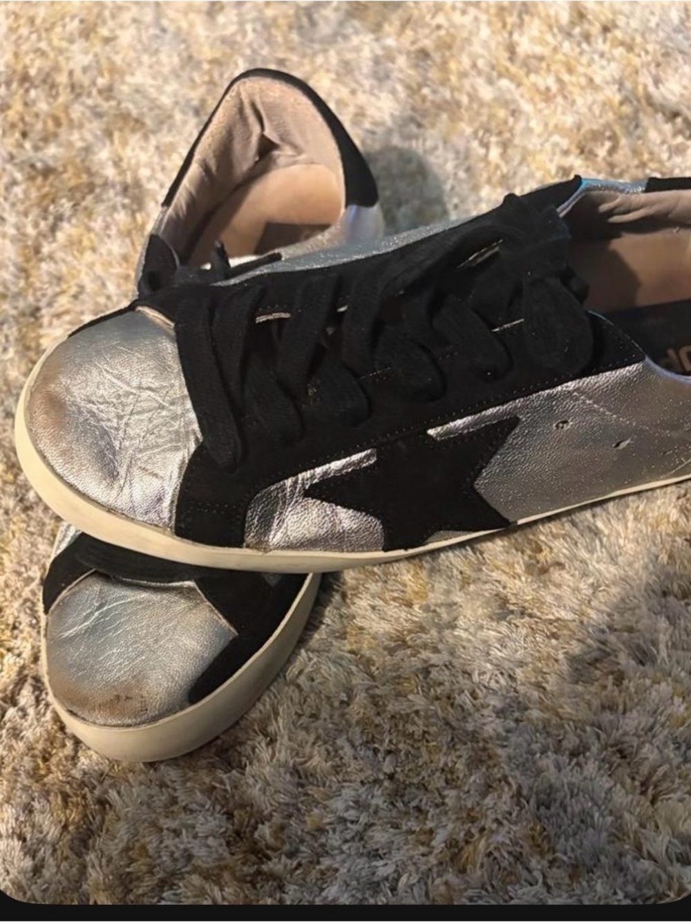 Golden Goose Silver and Black Star Low-Top Sneakers
